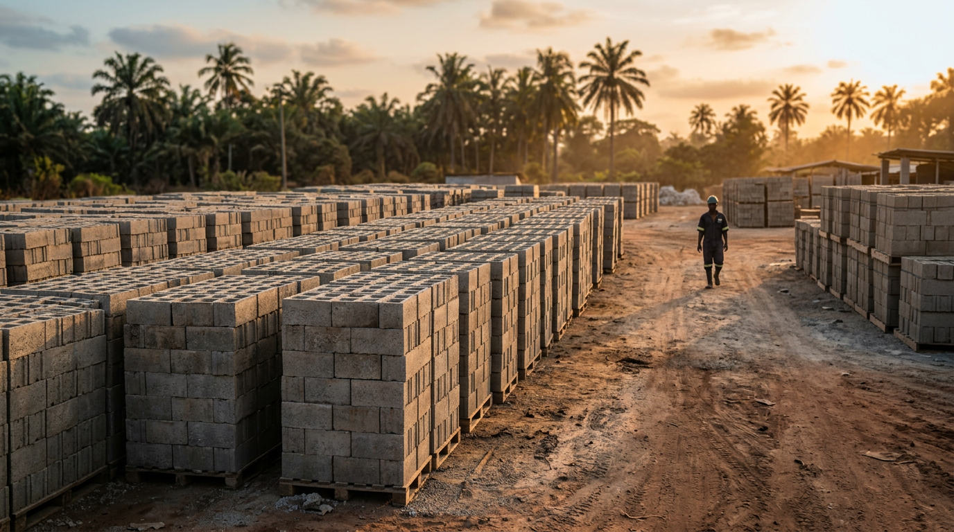 Stacks of machine vibrated concrete blocks ready for sites across The Gambia