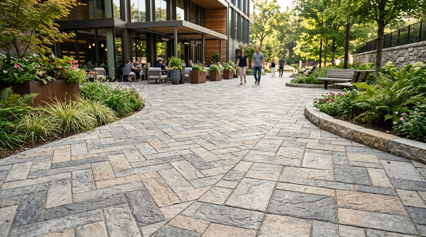 Decorative interlocking pavers, nominal modular unit interlocking concrete paver, Quality solids product photo.