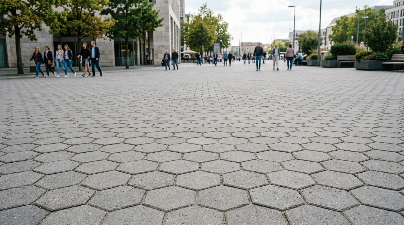 Hexagonal interlocking pavers, nominal modular unit interlocking concrete paver, Quality solids product photo.
